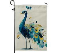 Bandiera da giardino con pavone, artistica, moderna, con piume a pois primaverili, in iuta, su entrambi i lati, per esterni, portico, prato, patio, terrazza, 30,5 x 45,7 cm