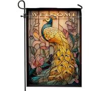 Bandiera da giardino con pavone, elegante bandiera artistica con fiori e foglie primaverili dorate su entrambi i lati, piccola bandiera da giardino per esterni, patio, prato, portico anteriore