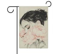 Bandiera da giardino con peonie rosa e bella ragazza, bandiera per esterni, per vacanze stagionali, in iuta, double face, 30,5 x 45,7 cm