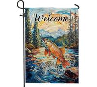 Bandiera da giardino con pesca alla trota, opera d'arte panoramica della natura, decorazione per esterni, banner estivo di benvenuto in iuta, decorazione rustica su entrambi i lati, 30,5 x 45,7 cm