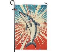Bandiera da giardino con pesci a righe audaci, striscione vintage blu acqua, decorazione estiva per prato all'aperto per gli amanti della pesca, 30,5 x 45,7 cm