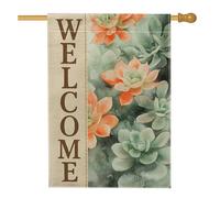 Bandiera da giardino con piante grasse di benvenuto, design floreale verde morbido, decorazione per esterni, striscione su entrambi i lati per la primavera e l'estate, decorazione per la casa, 71 x