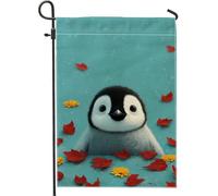 Bandiera da giardino con pinguino autunnale, grazioso pinguino con foglie autunnali e fiori, decorazione per esterni, striscione in iuta su entrambi i lati per decorazione del prato per le vacanze