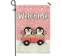 Bandiera da giardino con pinguino per le vacanze invernali, bandiera da giardino con scena di benvenuto sulla neve, decorazione per esterni in iuta su entrambi i lati, decorazione per la casa