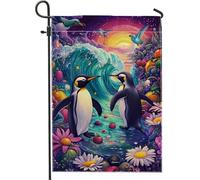 Bandiera da giardino con pinguino vivace, bandiera colorata con onde dell'oceano al tramonto, bandiera decorativa per la casa, bandiera estiva per esterni, decorazione per prato, divertente tema