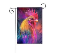 Bandiera da giardino con piume al neon pastello e gallo, 30 x 45 cm, verticale su entrambi i lati, decorazione per casa colonica, vacanze, esterni, bandiera da cortile