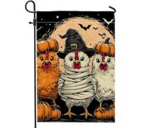 Bandiera da giardino con polli di Halloween, pollame arancione e bianco con zucche e cappello da strega, decorazione per la casa, banner double face in juta per la decorazione del prato