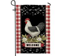 Bandiera da giardino con polli in fattoria, gallo a pois neri e rossi a scacchi, decorazione per la casa, decorazione per esterni su entrambi i lati, messaggio di benvenuto 30,5 x 45,7 cm