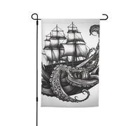 Bandiera da giardino con polpo e nave in bianco e nero, per esterni, 12x18 pollici, stampa fronte-retro, sfondo per poster, decorazioni per la casa