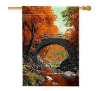 Bandiera da giardino con ponte autunnale, motivo foglie autunnali arancioni, decorazione per la casa, decorazione per prato stagionale su entrambi i lati, tema paesaggio fluviale all'aperto, 71 x 101
