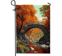 Bandiera da giardino con ponte autunnale, motivo foglie autunnali arancioni, decorazione per la casa, decorazione per prato stagionale su entrambi i lati, tema paesaggio fluviale, 30,5 x 45,7 cm