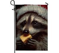 Bandiera da giardino con procione, cappello di Babbo Natale fantasioso con formaggio, in iuta marrone, double face, decorativa, per esterni, prato, portico, patio, ingresso, 30,5 x 45,7 cm