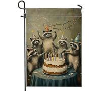 Bandiera da giardino con procione, fantasiosa festa di compleanno, cappello per torta di compleanno, marrone, double face, bandiere decorative per esterni, patio, prato, portico anteriore, balcone