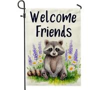 Bandiera da giardino con procione Welcome Friends, striscione decorativo per la casa con fiori di campo colorati, decorazione stagionale per prato su entrambi i lati, decorazione da giardino a tema