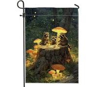 Bandiera da giardino con procioni autunnali, simpatici animali del bosco con funghi, decorazione per esterni, striscione in iuta su entrambi i lati per la decorazione del prato domestico 30,5 x 45,7