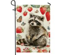 Bandiera da giardino con procioni primaverili ed estive, simpatiche fragole con animali, decorazione per la casa, bandiera in iuta su entrambi i lati, decorazione da giardino per esterni, 30,5 x 45,7