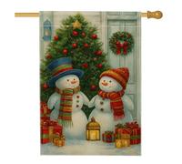 Bandiera da giardino con pupazzi di neve per le vacanze invernali, decorazione natalizia colorata con regali e albero, striscione in iuta su entrambi i lati per decorazione esterna del prato 71 x 101