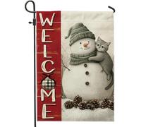 Bandiera da giardino con pupazzo di neve invernale, bandiera decorativa per esterni, motivo gatto grigio, bandiera da giardino in iuta su entrambi i lati, per vacanze, decorazione stagionale per patio