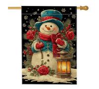 Bandiera da giardino con pupazzo di neve invernale blu e rosso con lanterna e rose, decorazione per esterni, bandiera da cortile in iuta su entrambi i lati, per decorazione del prato e delle vacanze