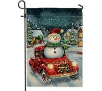 Bandiera da giardino con pupazzo di neve invernale in camion rosso, decorazione festiva, bandiera in iuta su entrambi i lati per decorazione esterna del prato 30,5 x 45,7 cm