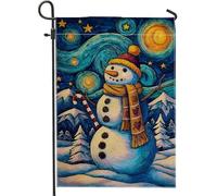 Bandiera da giardino con pupazzo di neve invernale, striscione decorativo blu stellato, in iuta su entrambi i lati, decorazione per prato all'aperto, festa stagionale, bandiera da cortile 30,5 x 45,7