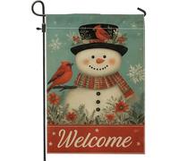 Bandiera da giardino con pupazzo di neve invernale, striscione rosso cardinale di benvenuto per la casa, in iuta su entrambi i lati, decorazione per prato all'aperto, festa stagionale, bandiera da