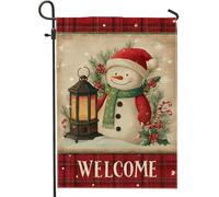 Bandiera da giardino con pupazzo di neve, lanterna natalizia invernale in iuta rossa su entrambi i lati, decorativa, per esterni, prato, portico, patio, ingresso, 30,5 x 45,7 cm