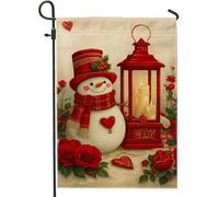Bandiera da giardino con pupazzo di neve, lanterna rossa a forma di cuore, decorazione da giardino, bandiera da giardino in iuta su entrambi i lati, decorazione per esterni, 30,5 x 45,7 cm