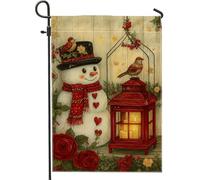 Bandiera da giardino con pupazzo di neve, lanterna rossa e uccello, decorazione per la casa, bandiera su entrambi i lati, in iuta, decorazione per esterni, 30,5 x 45,7 cm