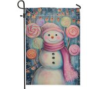 Bandiera da giardino con pupazzo di neve, sciarpa invernale con lecca-lecca e sciarpa invernale blu su entrambi i lati, piccola bandiera da giardino per esterni, portico, prato, patio, terrazza, 30,5