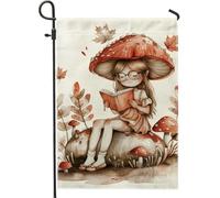 Bandiera da giardino con ragazza che legge l'autunno, cappello rosso a forma di fungo ragazza con libro decorazione per la casa bandiere da giardino, bandiera da cortile in iuta su entrambi i lati