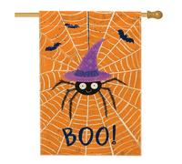 Bandiera da giardino con ragno di Halloween, design a rete arancione con cappello da strega, striscione in iuta su entrambi i lati per decorazione esterna del prato, decorazione per feste autunnali 71