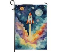Bandiera da giardino con razzo, pianeti spaziali fantasiosi e stelle, blu estivo, in iuta, su entrambi i lati, piccola bandiera da giardino per esterni, patio, prato, portico anteriore, balcone, 30,5