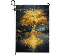 Bandiera da giardino con riflesso dell'albero dorato, decorazione artistica della natura autunnale, banner del patio su due lati per la decorazione della casa, esposizione del prato all'aperto