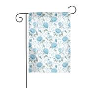 Bandiera da giardino con rose blu pastello e vortici su sfondo bianco, 30 x 45 cm, verticale su entrambi i lati, decorazione per casa colonica, vacanze, esterni, bandiera da cortile
