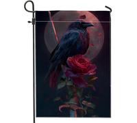 Bandiera da giardino con rose di corvo scuro, striscione floreale nero decorativo per la casa per Halloween e autunno, decorazione per cortile in iuta su entrambi i lati, per prato esterno, 30,5 x