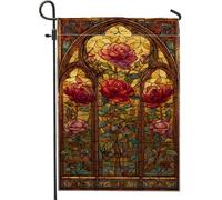 Bandiera da giardino con rose in vetro colorato, bandiera floreale rossa per la decorazione della casa, bandiera decorativa da cortile su entrambi i lati per la decorazione del prato esterno 30,5 x