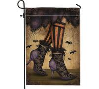 Bandiera da giardino con scarpe da strega di Halloween, bandiera viola nera ragnatela decorativa per la casa, bandiera in iuta su entrambi i lati, decorazione da giardino per esterni, 30,5 x 45,7 cm