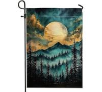Bandiera da giardino con scena al chiaro di luna di montagna, striscione decorativo per esterni blu e oro, bandiera in iuta su entrambi i lati, per la decorazione della casa autunnale, 30,5 x 45,7 cm