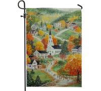 Bandiera da giardino con scena autunnale del villaggio, alberi autunnali colorati e striscione per cortile della chiesa, bandiera decorativa su entrambi i lati per prato per la decorazione esterna del