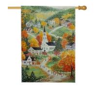Bandiera da giardino con scena autunnale del villaggio, alberi autunnali colorati e striscione per cortile della chiesa, bandiera decorativa su entrambi i lati per prato per il Ringraziamento