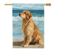 Bandiera da giardino con scena da spiaggia Golden Retriever, decorazione per cani costieri, decorazione estiva per esterni, decorazione per prato all'aperto, striscione per la casa su entrambi i lati