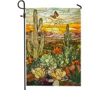 Bandiera da giardino con scena del tramonto nel deserto, fiori di cactus arancioni e farfalle, decorazione per esterni, bandiera da cortile in tessuto su entrambi i lati, per la decorazione della casa