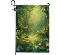 Bandiera da giardino con scena della foresta primaverile ed estiva, verde natura, stagno, cortile, fla, illustrativo, decorazione per vacanze all'aperto, 12 x 18 pollici