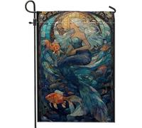 Bandiera da giardino con scena dell'oceano a sirena, decorazione per esterni in vetro colorato blu, bandiera da giardino su entrambi i lati, per la decorazione estiva della casa, 30,5 x 45,7 cm