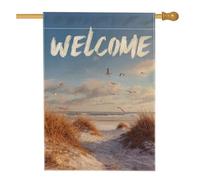 Bandiera da giardino con scena di benvenuto sulla spiaggia, decorazione per esterni con cielo e dune di sabbia, bandiera da giardino in iuta su entrambi i lati, decorazione estiva per la casa, 71 x