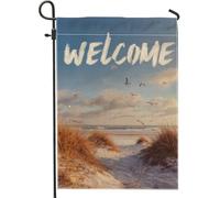 Bandiera da giardino con scena di benvenuto sulla spiaggia, decorazione per esterni con cielo e dune di sabbia, bandiera da cortile in iuta su entrambi i lati, decorazione per la casa estiva 30,5 x