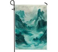 Bandiera da giardino con scena di montagna tranquilla, verde acqua, paesaggio astratto per la casa, decorazione per la casa, opera d'arte su entrambi i lati, decorazione per prato esterno 30,5 x 45,7