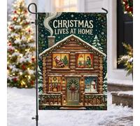 Bandiera da giardino con scena natalizia per la casa, 30,5 x 45,7 cm | Accogliente scena della cabina, bandiera del prato, illustrazione di Babbo Natale, decorazione invernale rustica