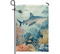 Bandiera da giardino con scena oceanica subacquea, squalo blu barriera corallina, striscione decorativo per la casa, bandiera da giardino in iuta su entrambi i lati, decorazione per esterni, 30,5 x